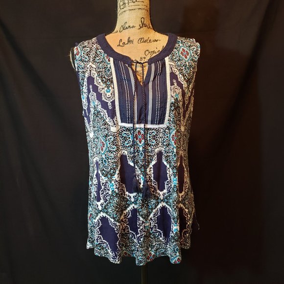 rxb Sleeveless Patterned Navy Top with Tie - Picture 4 of 9
